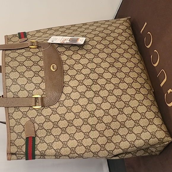 GUCCI ACCESSORIES VINTAGE 70'S WEB SHERRY COATED CANVAS TOTE BAG W SERIAL# - Picture 4 of 17